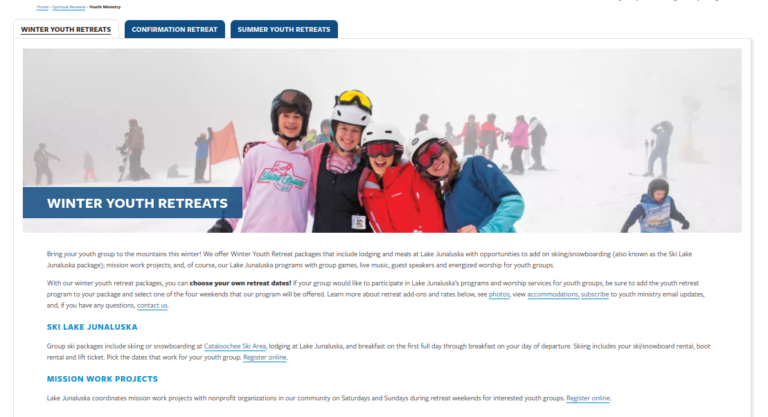 Use of tabs on Youth Ministry page to highlight Winter Youth Retreats