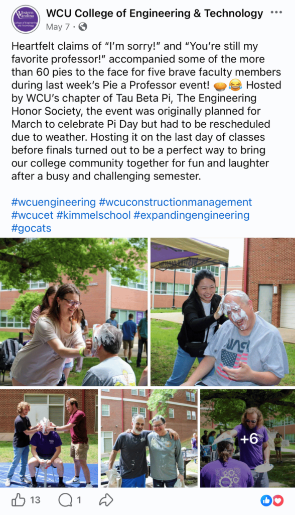 WCU CET Facebook Post about Pie a Professor 2025