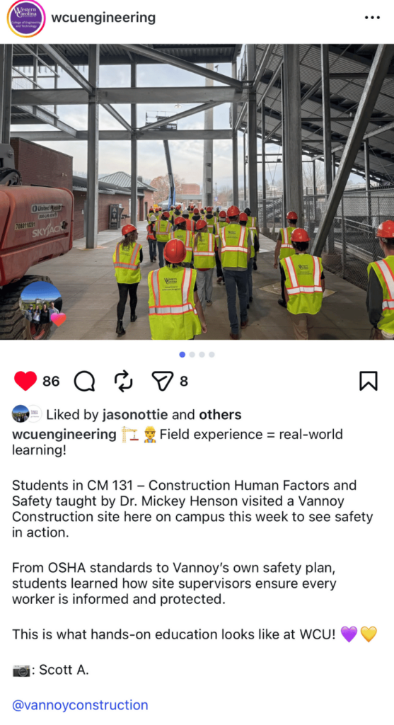 WCU CET Construction Management students visit a site on campus for training