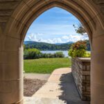 The arches of Memorial Chapel open upto a scenic view of Lake Junaluska