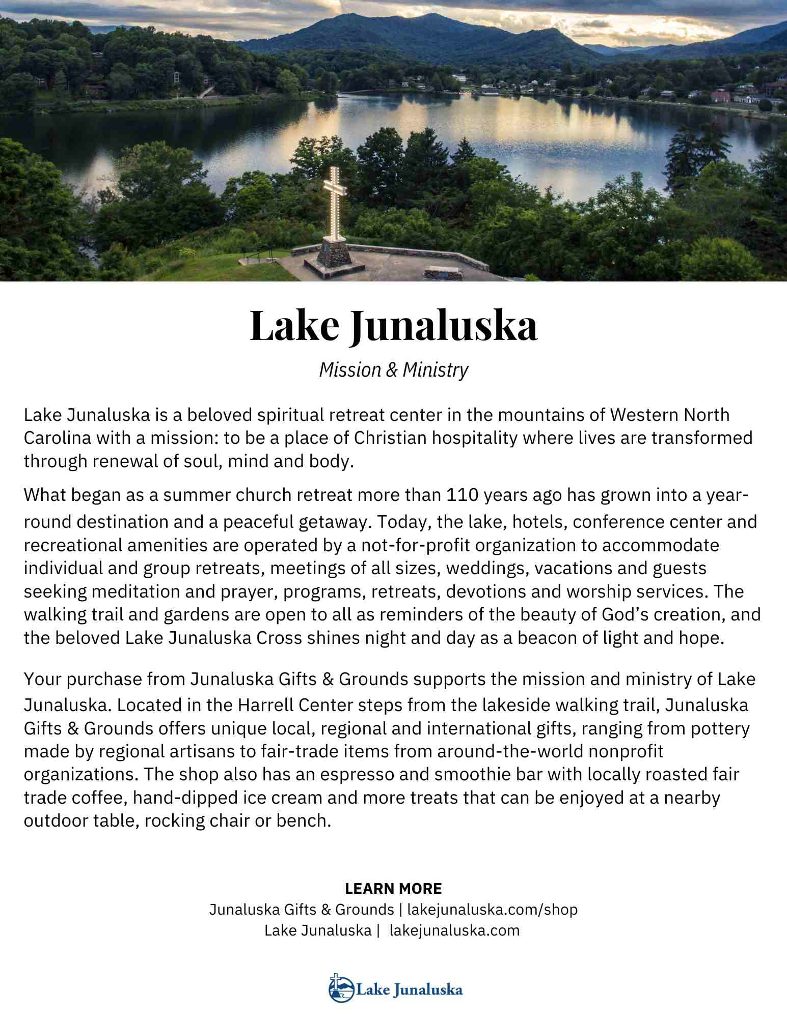 About Lake Junaluska Flyer for Sales Table at Market